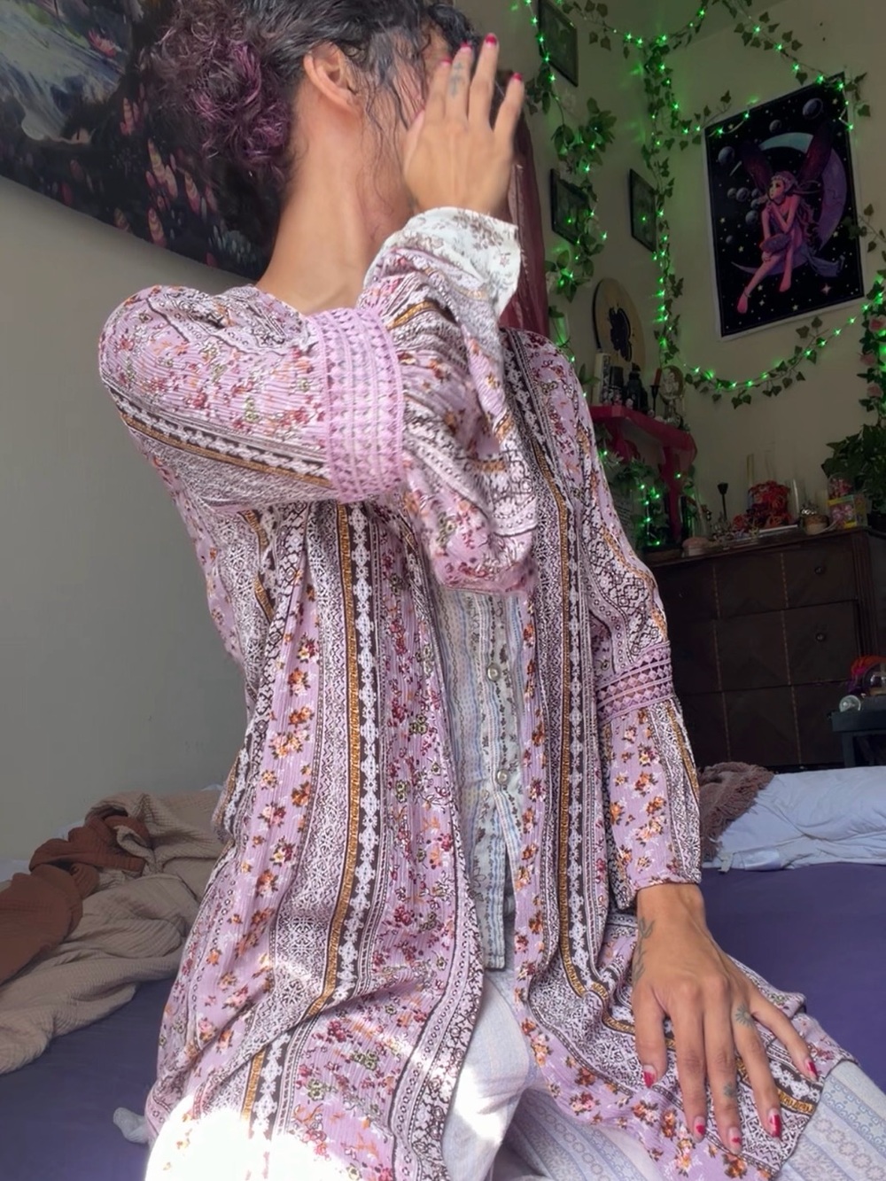 Boho Lace-Trim Pink Floral Button-Front Women's Top